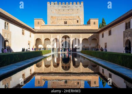 Court of the Myrtles or Nasrid Palaces or Patio de los Arrayanes of Alhambra Palace and Generalife, Spain.  The Court of the Myrtles (Patio de los Arr Stock Photo