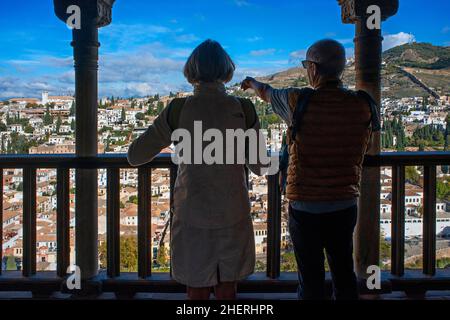 The vista on Sacromonte and Albaicin districts of Granada from the windows of Alhambra fortress and Generalife, Spain Stock Photo