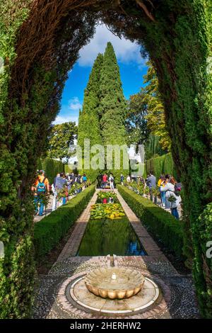 Generalife gardens in Alhambra Palace Granada Andalusia Spain.  The Generalife was first and foremost designed as a place of rest and respite for the