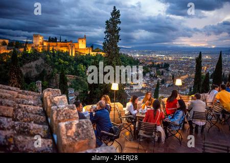 Evening restaurants in the Mirador de San Nicolas, Albaicin area, Sacromonte Granada, Andalucia, Spain, Europe Stock Photo