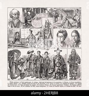 Illustration printed in a late 19th century French dictionary depicting some Japanese people in their costumes. Stock Photo