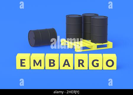 Cubes with word embargo near black barrels on pallet. Sanctions concept. Ban of export energy resources. Economic punishment. Political pressure. Inab Stock Photo