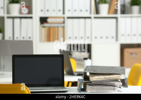 Empty workplace folders with documents in office on table closeup Stock Photo