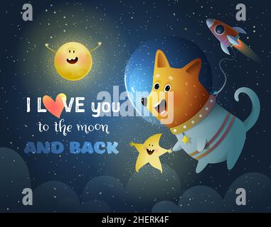 Dog in Outer Space with Moon and Star Kids Poster Stock Vector