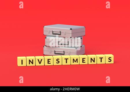 Suitcases near cubes with word investments. Investing in stocks, bonds and securities. Finding investors for a startup. Financial profit, loss. 3d ren Stock Photo