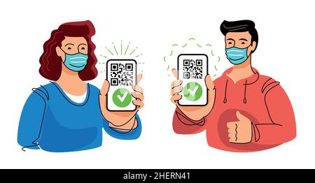 Certificate of vaccination. Showing vaccine QR code in mobile app or smartphone screen. Covid-19 coronavirus vector flat illustration Stock Vector