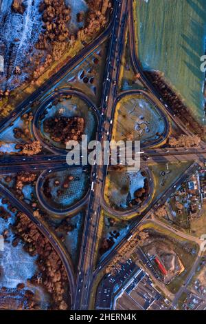 Aerial view of Minsk beltway intersection road. Old ussr interchange shot from a drone. Roads in Belarus, Europe Stock Photo