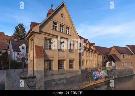 Historic main building of a former valve factory in the evening light, built in 1901, today industrial museum, Lauf an der Pegnitz, Middle Franconia Stock Photo