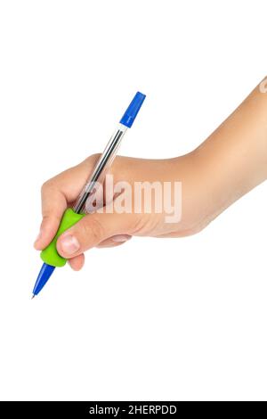 Blue pen in hand of a child isolated on white background. Children learning how to write concept Stock Photo