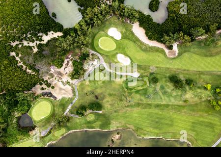Aerial view, bay near Grand Port, il aux Cerfs with golf course, Flacq, Mauritius Stock Photo