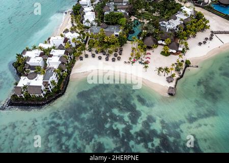 Aerial view, bay near Grand Port, Hotel Shangri-la le Touessrok, ile Chat, il aux Cerfs, Flacq, Mauritius Stock Photo
