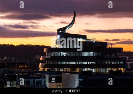 Newly constructed St James Quarter development lit at night with a colourful sunset, Edinburgh, Scotland, UK Stock Photo