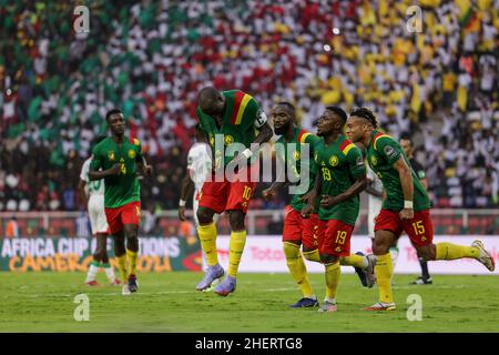 YAOUNDE, CAMEROON - JANUARY 09: Vincent Aboubakar of Cameroon celebrates with Collins Fai, Nicolas Moumi Ngamaleu and Pierre Kunde after scoring goal Stock Photo