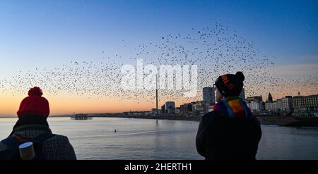 Brighton UK 12th January 2022 - Spectators gather on Brighton Palace Pier to watch the daily starling murmuration at sunset after a beautiful sunny day along the South Coast . Every evening at dusk during Autumn and winter thousands of starlings perform their murmuration before they go to roost under the pier : Credit Simon Dack / Alamy Live News Stock Photo