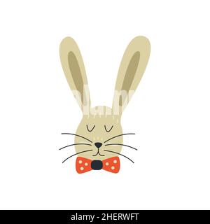 Cute bunny with a bow tie. Gray rabbit, forest wild fluffy animal. Colorful vector isolated illustration hand drawn Stock Vector