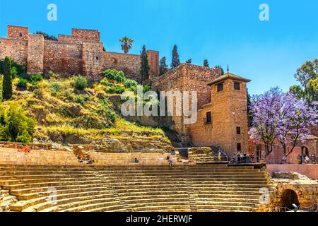 Roman Theatre in front of Alcazaba, Malaga, Malaga, Andalusia, Spain Stock Photo