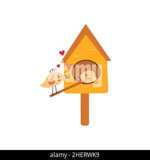 Bird in a birdhouse listens to love serenade from its lover. Valentines Day. Bird family, couple in love. Beautiful singing about feelings. Festive co Stock Vector