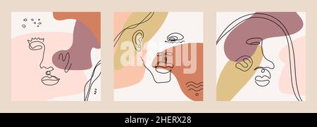 Set of modern portraits on the background of abstract shapes in line art style isolated. Stock Vector