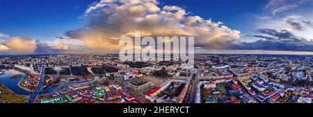 Minsk capital of Belarus aerial cityscape. Bird view on belarusian capital. Old town of soviet city Stock Photo