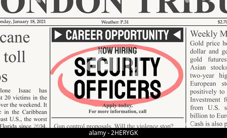 Security officer career. Recruitment offer - job ad. Newspaper classified ad career opportunity. Stock Vector