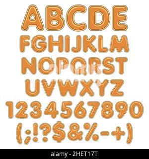 Pumpkin pie alphabet, letters, numbers and signs. Isolated colored vector objects on a white background. Stock Vector