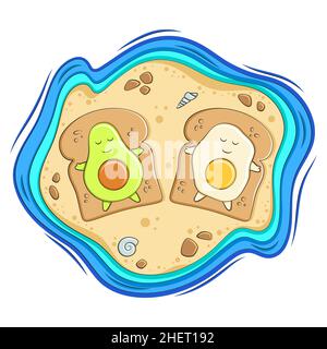 Avocado and egg on bread toast lie on the beach near the water. Vector illustration isolated on white background. Stock Vector