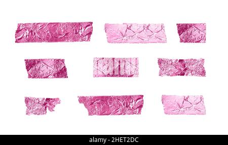 Adhesive tapes set. Adhesive torn, ripped, crumpled pink red paper strips isolated on white background. Stock Photo