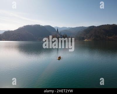 Kayak on lake bled in front of island bled in Slovenia Stock Photo