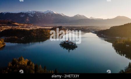 Beautiful, spectacular and colorful sunrise over the lake Bled, Slovenia Stock Photo