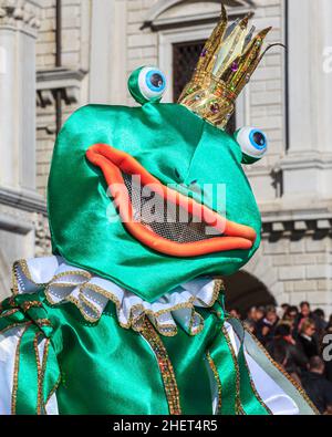 The Frog Prince costume, closeup of participant in fancy dress at Venice Carnival, Carnevale di Venezia, Italy Stock Photo