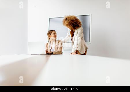 Two young businesswomen discussing and using laptop in the modern office Stock Photo