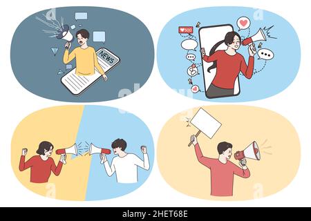 Online and offline Advertisement promotion concept. Set of young people shouting screaming to megaphone or from smartphone screen trying to attract attention showing sales news vector illustration  Stock Vector