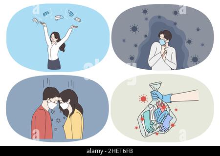 Coronavirus pandemic and epidemic concept. Set of young woman throwing away medical mask man feeling afraid of bacterias sad couple wearing masks and human hand throwing bag of gloves  Stock Vector