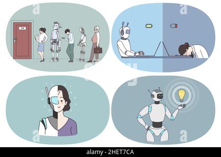 Artificial intelligence and futuristic technologies concept. Set of robots working as humans waiting for interview with humans working in office full of energy holding light bulb having great idea  Stock Vector