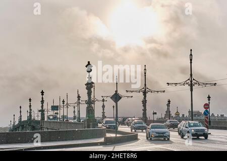 View of historic metal drawbridge Troitsky across Neva River, Saint Petersburg, Russia Stock Photo