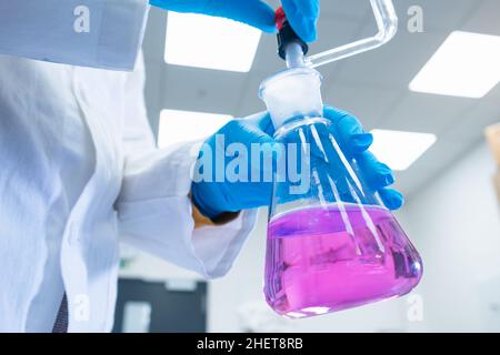 Close up scientist uses a titration method of analysis to study the chemical properties of the water sample. Scientist holding Erlenmeyer flask with pink solution Stock Photo