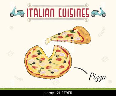 Fresh pizza with tomato, cheese, olive, sausage, onion, basil. Traditional Italian fast food. Top view meal. European snack. Minimal colored isolated Stock Vector