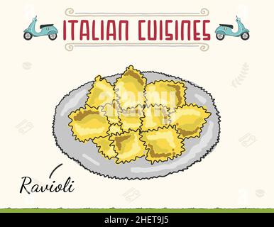 Ravioli steamed pasta in plate. Italian cuisine drawn badge. Italian cuisine. Pasta ravioli. Vector illustration cartoon flat icon isolated on white. Stock Vector