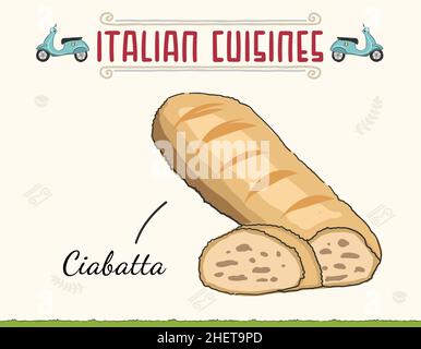 Doodle of Bread Ciabatta. bread, loaf icon, vector illustration isolated on a white background. Minimal colored isolated vector illustration. Stock Vector