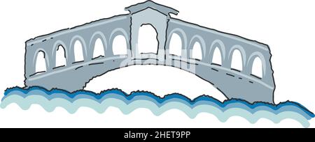 Rialto bridge doodled style illustration. Simple illustration of rialto bridge vector Venice, Italy. Rialto Bridge, architectural monument of Italy. Stock Vector