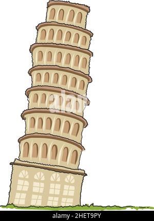 Pisa Tower doodle style vector illustration isolated small landscape with Leaning Tower of Pisa, green meadow. Famous Italy landmark. Flat vector desi Stock Vector