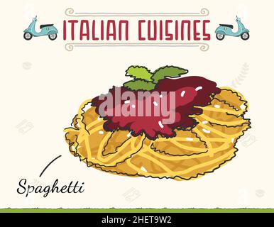Doodle of spaghetti with tomato sauce. Classic pasta dish, isolated vector illustration. Spaghetti Bolognese isolated on white vector illustration. Mi Stock Vector