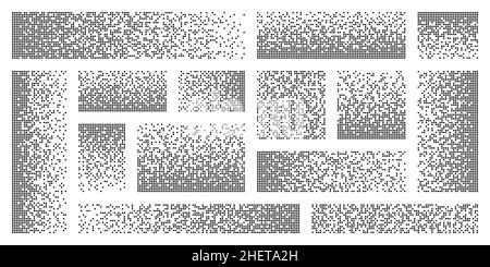 Pixel disintegration, decay effect. Various rectangular elements made of round shapes. Dispersed dotted pattern. Mosaic texture with simple particles Stock Vector