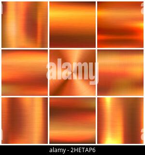 Realistic copper banners collection. Brushed stainless steel plate. Polished metal surface. Scratched industrial texture, metal background. Vector Stock Vector