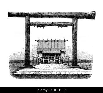 Shinto Temple (Ise Grand Shrine) Shokonsha, Kudan, Tokio, line illlustration from Central Africa, Japan and Fiji published in 1882 by Hodder & Stought Stock Photo