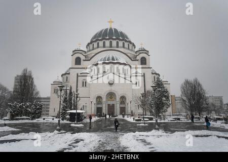 Winter in Serbia: Snowed Saint Sava Park and Temple, Belgrade Stock Photo