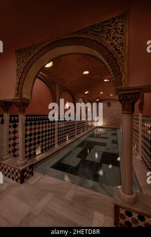 Hot spring pool with polychrome masonry and abundance of marble