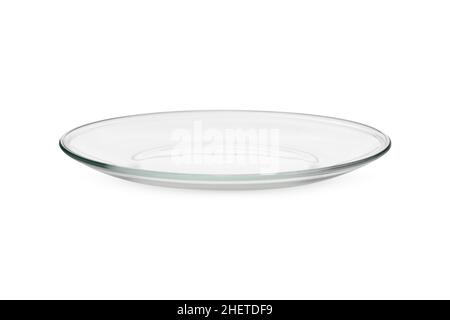 Glass bowl or plate isolated on white background. Close up view of an empty transparent cup. Glass plate 3D rendering model, mixing bowl, glossy dish Stock Photo