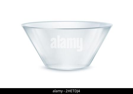 Glass bowl isolated on white background. Close up view of an empty transparent cup. Glass plate 3D rendering model, mixing bowl, glossy dish. Side or Stock Photo