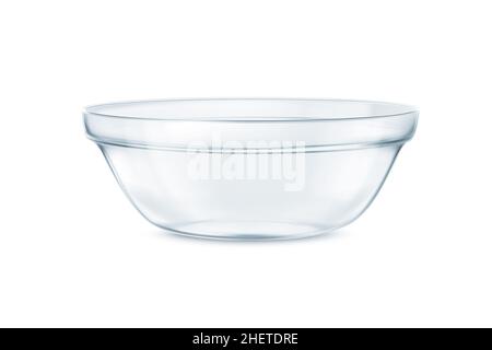 Glass bowl isolated on white background. Close up view of an empty transparent cup. Glass plate 3D rendering model, mixing bowl, glossy dish. Side or Stock Photo